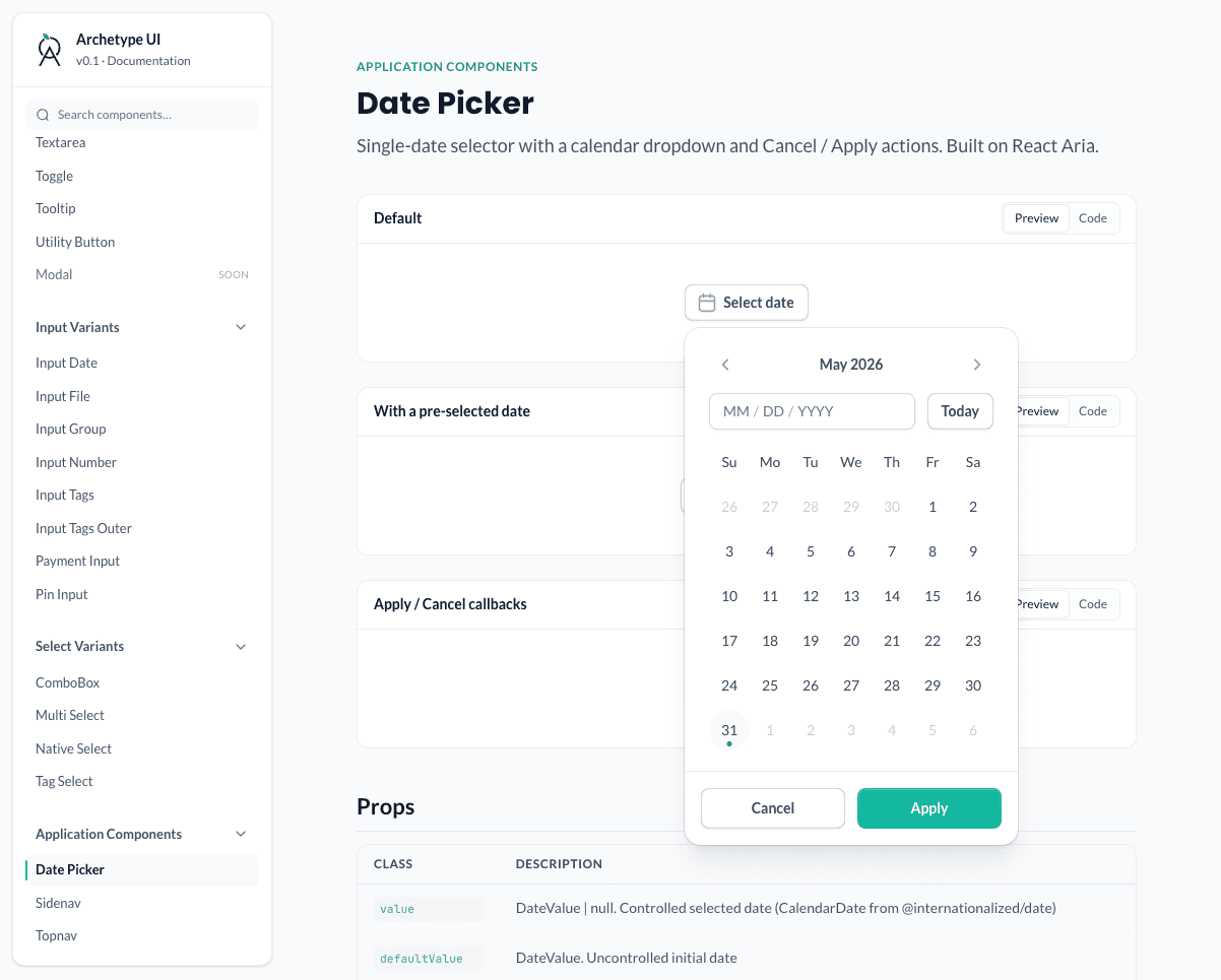 Date picker, running live in Archetype UI