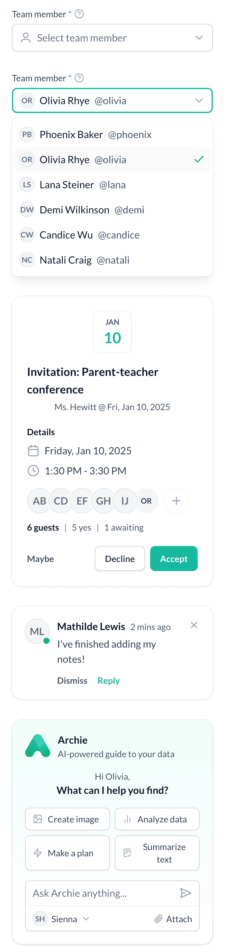 Archetype UI Select dropdowns, invitation card, comment, and Archie AI chat